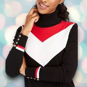 Tommy Hilfiger Women’s V-Stripe Black Red Turtleneck Button Sweater Size M